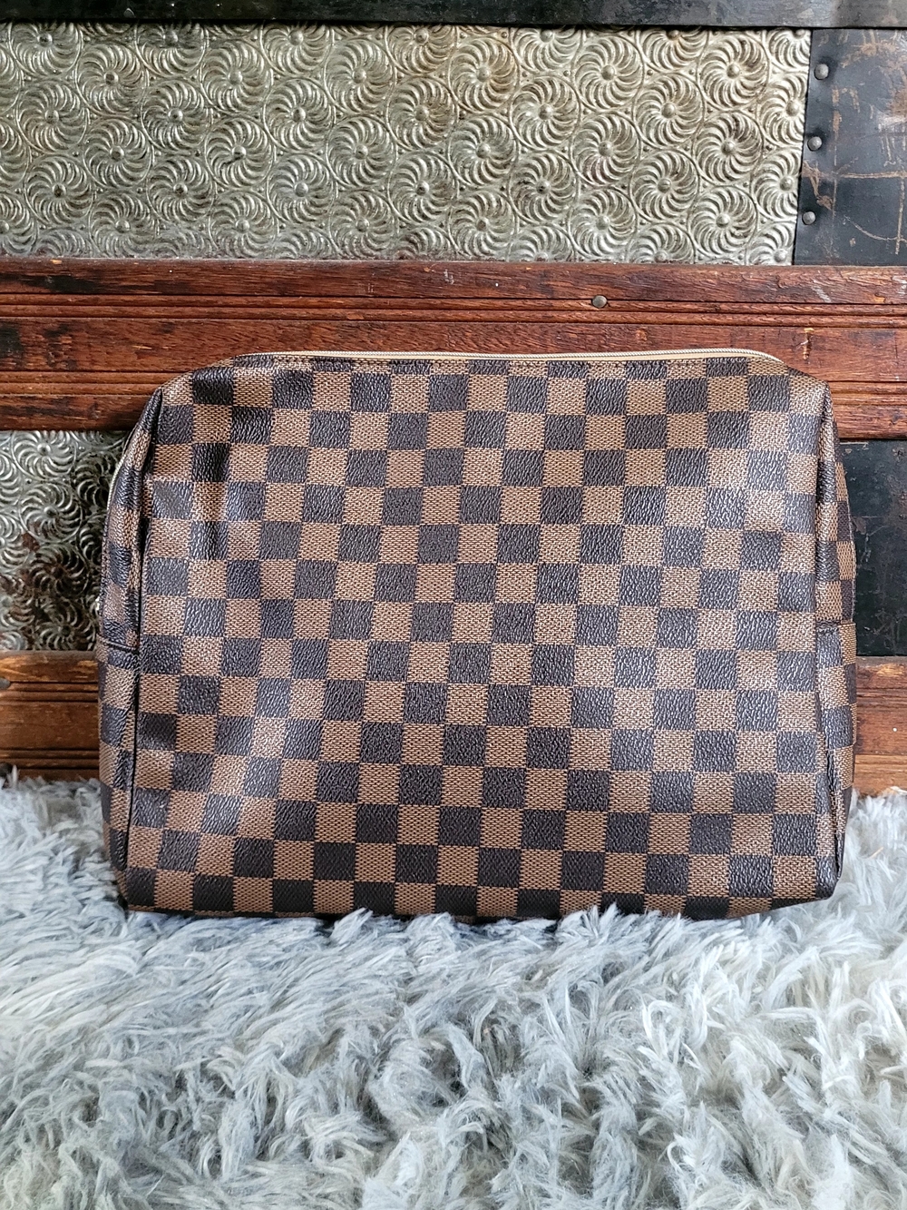 Brown Checkered Toiletry Pouch
